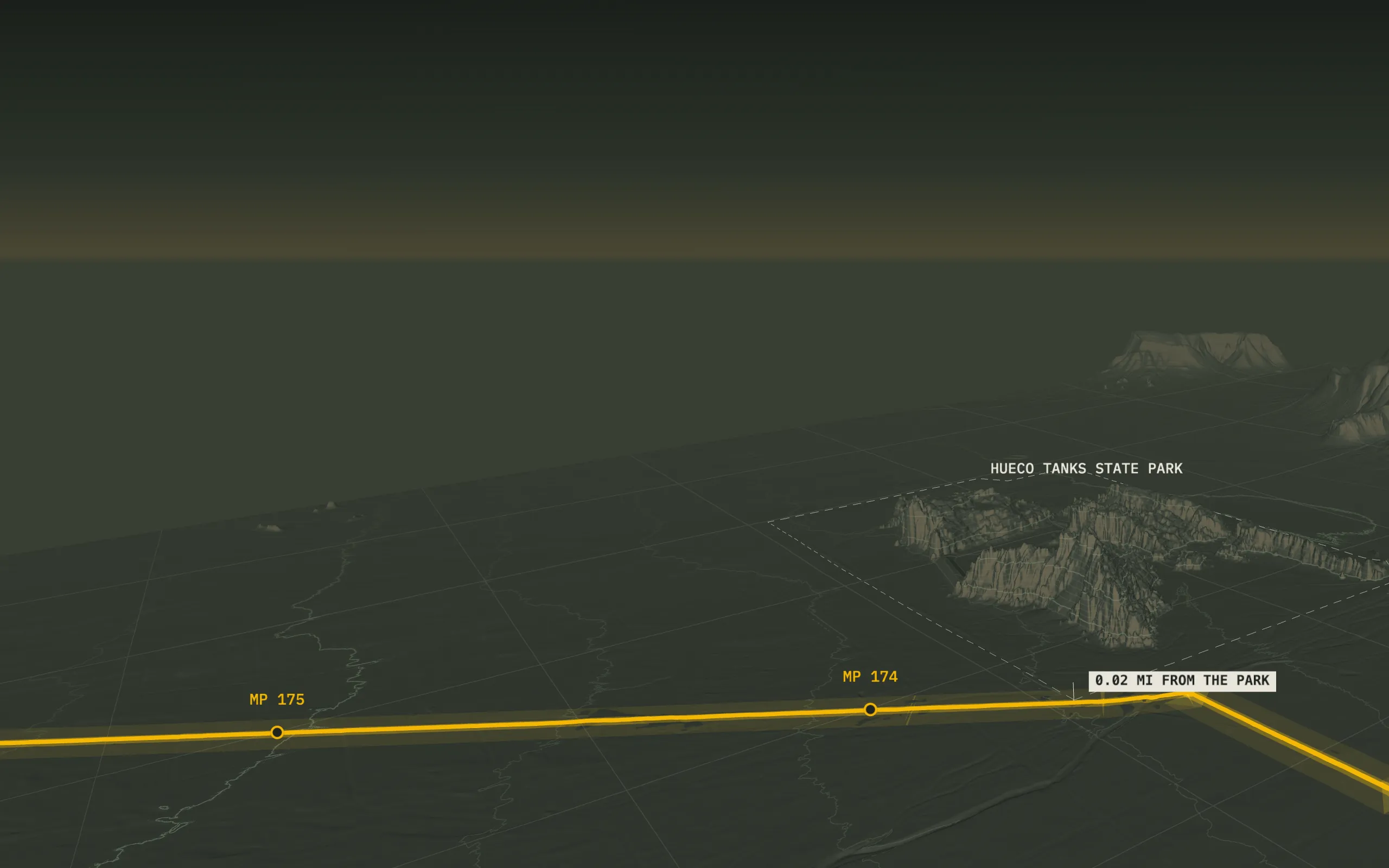 3D view of the proposed pipeline route over lidar terrain, from milepost 172 to 177. The line runs west, turns north 0.02 mile from Hueco Tanks State Park's southwest corner, then heads northwest. A yellow band shows the 150-ft construction right-of-way.